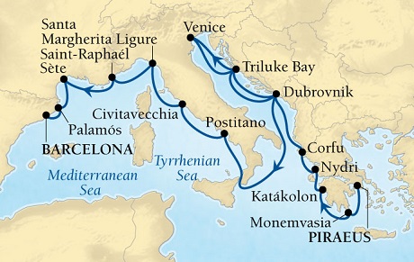 Cruises Around The World Seabourn Pursuit Cruise Map Detail Piraeus (Athens), Greece to Barcelona, Spain September 26 October 13 2027 - 17 Days - Voyage 4560A