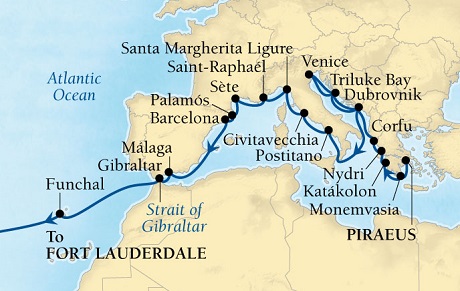 Cruises Around The World Seabourn Pursuit Cruise Map Detail Piraeus (Athens), Greece to Fort Lauderdale, Florida, US September 26 October 18 2027 - 32 Days - Voyage 4560B