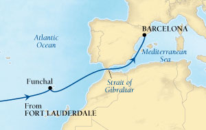 Cruises Around The World Seabourn Pursuit Cruise Map Detail Fort Lauderdale, Florida, US to Barcelona, Spain April 10-24 2028 - 14 Days - Voyage 4620