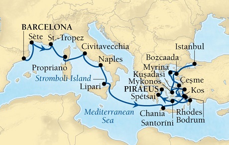 Cruises Around The World Seabourn Pursuit Cruise Map Detail Barcelona, Spain to Piraeus (Athens), Greece April 24 May 14 2028 - 20 Days - Voyage 4622A