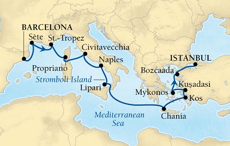 Cruises Around The World Seabourn Pursuit Cruise Map Detail Barcelona, Spain to Istanbul, Turkey April 24 May 7 2028 - 13 Days - Voyage 4622