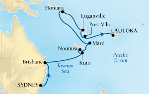 Cruises Around The World Seabourn Pursuit Cruise Map Detail Sydney, Australia to Lautoka, Fiji February 13-28 2028 - 15 Days - Voyage 4512
