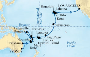 Cruises Around The World Seabourn Pursuit Cruise Map Detail Sydney, Australia to Los Angeles, California, US February 13 March 21 2028 - 38 Days - Voyage 4612A
