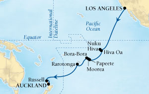 Cruises Around The World Seabourn Pursuit Cruise Map Detail Los Angeles, California, US to Auckland, New Zealand January 4-27 2028 - 22 Days - Voyage 4610
