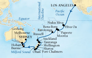 Cruises Around The World Seabourn Pursuit Cruise Map Detail Los Angeles, California, US to Sydney, Australia January 4 February 13 2028 - 39 Days - Voyage 4610A