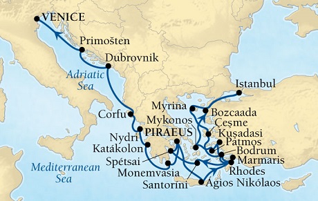 Cruises Around The World Seabourn Pursuit Cruise Map Detail Piraeus (Athens), Greece to Venice, Italy July 23 August 13 2028 - 21 Days - Voyage 4643B