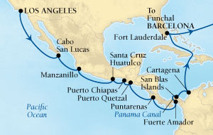 Cruises Around The World Seabourn Pursuit Cruise Map Detail Los Angeles, California, US to Barcelona, Spain March 21 April 24 2028 - 34 Days - Voyage 4618A