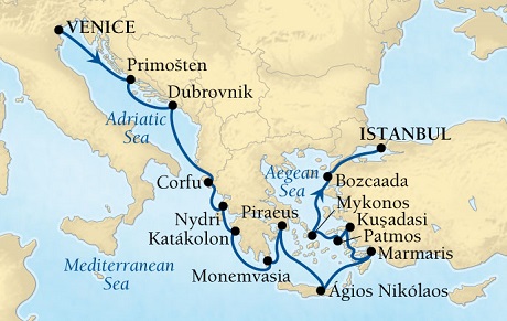 Cruises Around The World Seabourn Pursuit Cruise Map Detail Venice, Italy to Istanbul, Turkey May 21 June 4 2028 - 14 Days - Voyage 4625A