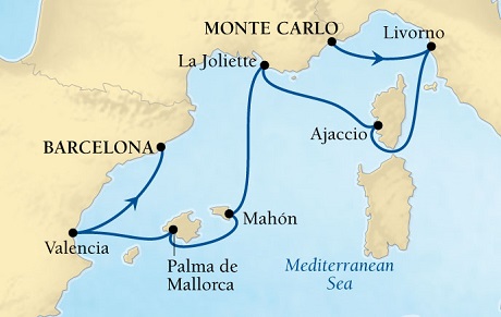 Cruises Around The World Seabourn Pursuit Cruise Map Detail Monte Carlo, Monaco to Barcelona, Spain November 16-23 2028 - 7 Days - Voyage 4672