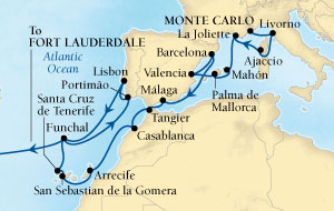 Cruises Around The World Seabourn Pursuit Cruise Map Detail Monte Carlo, Monaco to Fort Lauderdale, Florida, US November 16 December 19 2028 - 33 Days - Voyage 4672D