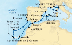 Cruises Around The World Seabourn Pursuit Cruise Map Detail Monte Carlo, Monaco to Lisbon, Portugal November 16 December 7 2028 - 21 Days - Voyage 4672C