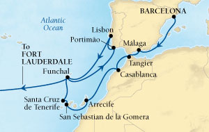 Cruises Around The World Seabourn Pursuit Cruise Map Detail Barcelona, Spain to Fort Lauderdale, Florida, US November 23 December 19 2028 - 26 Days - Voyage 4675A