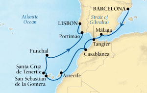 Cruises Around The World Seabourn Pursuit Cruise Map Detail Barcelona, Spain to Lisbon, Portugal November 23 December 7 2028 - 14 Days - Voyage 4675