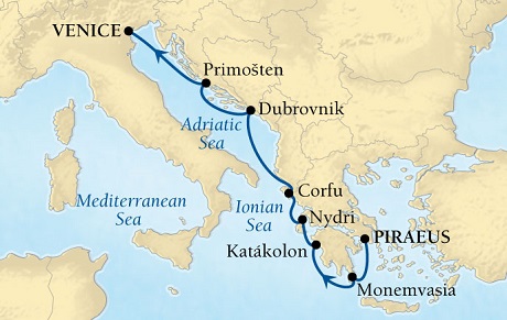 Cruises Around The World Seabourn Pursuit Cruise Map Detail Piraeus (Athens), Greece to Venice, Italy October 1-8 2028 - 7 Days - Voyage 4659