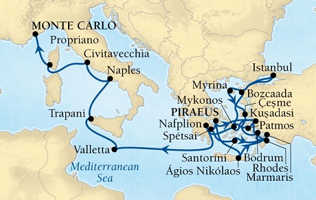 Cruises Around The World Seabourn Pursuit Cruise Map Detail Piraeus (Athens), Greece to Monte Carlo, Monaco October 15 November 8 2028 - 24 Days - Voyage 4664B