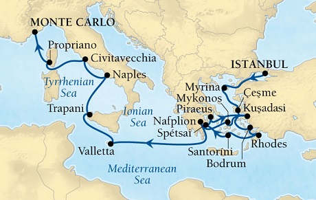 Cruises Around The World Seabourn Pursuit Cruise Map Detail Istanbul, Turkey to Monte Carlo, Monaco October22 November 8 2028 - 17 Days - Voyage 4665A