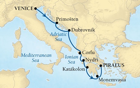 Cruises Around The World Seabourn Pursuit Cruise Map Detail Venice, Italy to Piraeus (Athens), Greece September 10-17 2028 - 7 Days - Voyage 4653