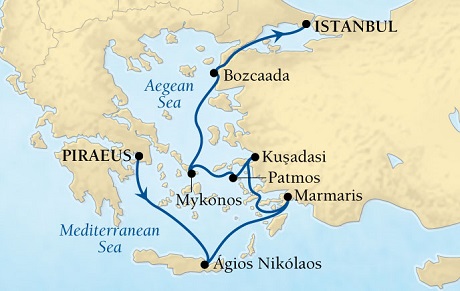 Cruises Around The World Seabourn Pursuit Cruise Map Detail Piraeus (Athens), Greece to Istanbul, Turkey September 17-24 2028 - 7 Days - Voyage 4657