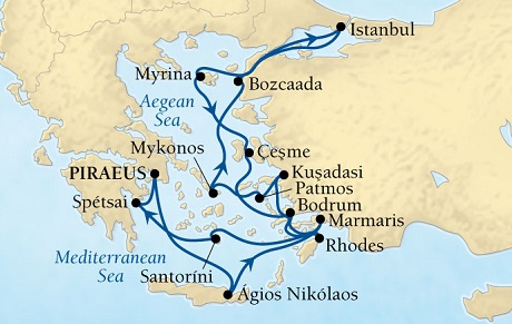 Cruises Around The World Seabourn Pursuit Cruise Map Detail Piraeus (Athens), Greece to Piraeus (Athens), Greece September 17 October 1 2028 - 14 Days - Voyage 4657A