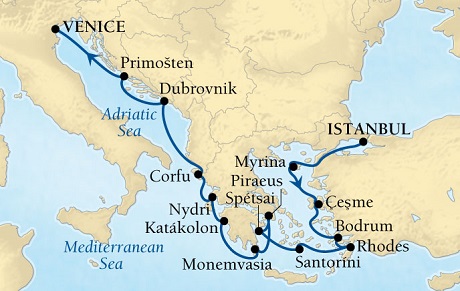 Cruises Around The World Seabourn Pursuit Cruise Map Detail Istanbul, Turkey to Venice, Italy September 24 October 8 2028 - 14 Days - Voyage 4658A