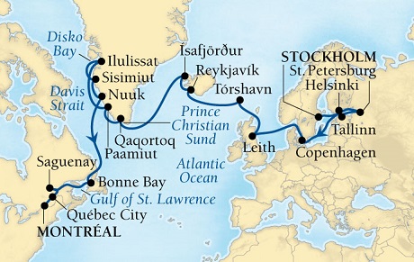 Cruises Around The World Seabourn Quest Cruise Map Detail Stockholm, Sweden to Montreal, Quebec, CA August 1 September 1 2027 - 31 Days - Voyage 6539A
