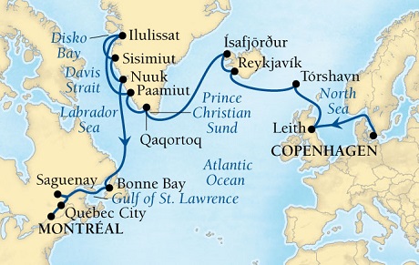 Cruises Around The World Seabourn Quest Cruise Map Detail Copenhagen, Denmark to Montreal, Quebec, CA August 8 September 1 2027 - 24 Days - Voyage 6540