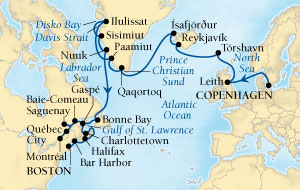 Cruises Around The World Seabourn Quest Cruise Map Detail Copenhagen, Denmark to Boston, Massachusetts, US August 8 September 11 2027 - 34 Days - Voyage 6540A