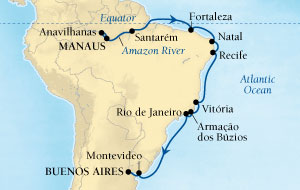 Cruises Around The World Seabourn Quest Cruise Map Detail Manaus, Brazil to Buenos Aires, Argentina November 9-29 2027 - 20 Days - Voyage 6555