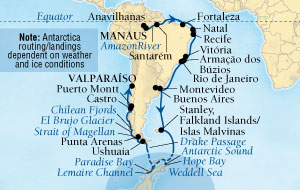 Cruises Around The World Seabourn Quest Cruise Map Detail Manaus, Brazil to Valparaiso (Santiago), Chile November 9 December 20 2027 - 41 Days - Voyage 6555A