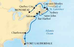 Cruises Around The World Seabourn Quest Cruise Map Detail Montreal, Quebec, CA to Fort Lauderdale, Florida, US October 11-25 2027 - 14 Days - Voyage 6549