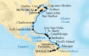 Cruises Around The World Seabourn Quest Cruise Map Detail Montreal, Quebec, CA to Manaus, Brazil October 11 November 9 2027 - 29 Days - Voyage 6549A