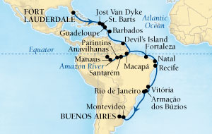 Cruises Around The World Seabourn Quest Cruise Map Detail Fort Lauderdale, Florida, US to Buenos Aires, Argentina October 25 November 29 2027 - 35 Days - Voyage 6554A