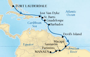 Cruises Around The World Seabourn Quest Cruise Map Detail Fort Lauderdale, Florida, US to Manaus, Brazil October 25 November 9 2027 - 15 Days - Voyage 6554