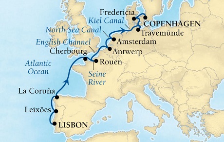 Cruises Around The World Seabourn Quest Cruise Map Detail Lisbon, Portugal to Copenhagen, Denmark April 30 May 14 2028 - 14 Days - Voyage 6623