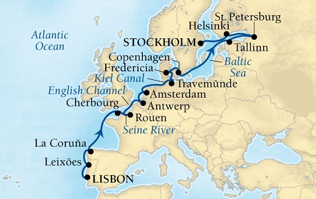 Cruises Around The World Seabourn Quest Cruise Map Detail Lisbon, Portugal to Stockholm, Sweden April 30 May 21 2028 - 21 Days - Voyage 6623A