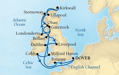Cruises Around The World Seabourn Quest Cruise Map Detail Dover (London), England, UK to Dover (London), England, UK August 4-20 2028 - 16 Days - Voyage 6639