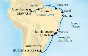 Cruises Around The World Seabourn Quest Cruise Map Detail Buenos Aires, Argentina to Manaus, Brazil February 24 March 15 2028 - 20 Days - Voyage 6614