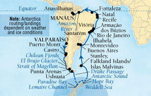 Cruises Around The World Seabourn Quest Cruise Map Detail Valparaiso (Santiago), Chile to Manaus, Brazil February 3 March 15 2028 - 41 Days - Voyage 6611A