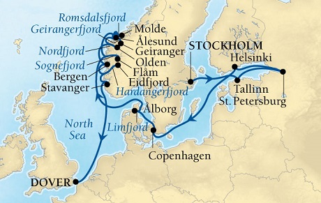 Cruises Around The World Seabourn Quest Cruise Map Detail Stockholm, Sweden to Dover (London), England, UK July 16 August 4 2028 - 19 Days - Voyage 6637A