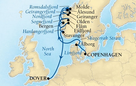 Cruises Around The World Seabourn Quest Cruise Map Detail Copenhagen, Denmark to Dover (London), England, UK July23 August 4 2028 - 12 Days - Voyage 6638