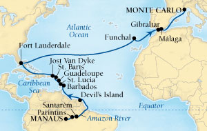 Cruises Around The World Seabourn Quest Cruise Map Detail Manaus, Brazil to Monte Carlo, Monaco March 15 April 15 2028 - 31 Days - Voyage 6615A