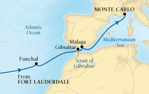 Cruises Around The World Seabourn Quest Cruise Map Detail Fort Lauderdale, Florida, US to Monte Carlo, Monaco March 30 April 15 2028 - 16 Days - Voyage 6618
