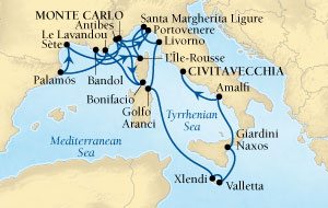 Cruises Around The World Seabourn Sojourn Cruise Map Detail Monte Carlo, Monaco to Civitavecchia (Rome), Italy August 15 September 2 2027 - 18 Days - Voyage 5541A