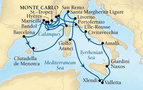 Cruises Around The World Seabourn Sojourn Cruise Map Detail Monte Carlo, Monaco to Monte Carlo, Monaco August 22 September 12 2027 - 21 Days - Voyage 5545A