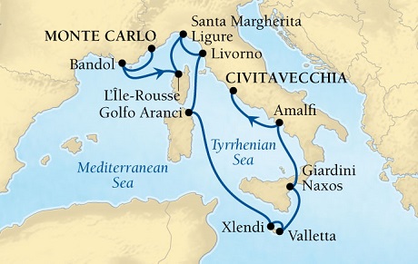 Cruises Around The World Seabourn Sojourn Cruise Map Detail Monte Carlo, Monaco to Civitavecchia (Rome), Italy August 22 September 2 2027 - 11 Days - Voyage 5545