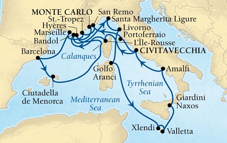 Cruises Around The World Seabourn Sojourn Cruise Map Detail Civitavecchia (Rome), Italy to Monte Carlo, Monaco July 25 August 15 2027 - 21 Days - Voyage 5539A