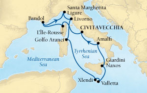 Cruises Around The World Seabourn Sojourn Cruise Map Detail Civitavecchia (Rome), Italy to Civitavecchia (Rome), Italy July 25 August 5 2027 - 11 Days - Voyage 5539