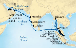 Cruises Around The World Seabourn Sojourn Cruise Map Detail Dubai, United Arab Emirates to Singapore November 18 December 20 2027 - 32 Days - Voyage 5558A