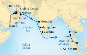 Cruises Around The World Seabourn Sojourn Cruise Map Detail Dubai, United Arab Emirates to Singapore November 18 December 6 2027 - 18 Days - Voyage 5558