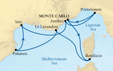 Cruises Around The World Seabourn Sojourn Cruise Map Detail Monte Carlo, Monaco to Monte Carlo, Monaco October 10-17 2027 - 7 Days - Voyage 5553